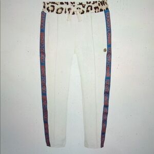 Roberto Cavalli White Pants with Leopard and Blue Accents
